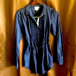 Anthropologie long sleeve half button down, navy tunic shirt